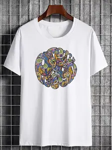 Fresh Paisley Print T-Shirt, Background Block, Casual Street Style Short Sleeve Round Neck