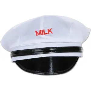 Milkman Hat - 50's Themed Costume Accessory, One Size Fits Most, White Fabric with Shiny Black Visor & Red "Milk" Embroidery, Perfect for Halloween & Themed Parties