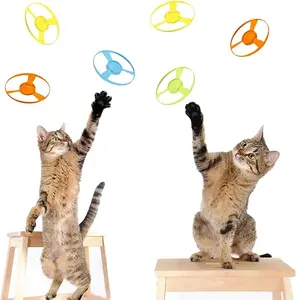 Cat Fetch Toy, Interactive Cat Flying Disc Launcher Toy with 5 Colorful Flying Propellers for Cat Enrichment, Flying Saucer Toy for Cat for Training and Chasing (Pink) ﻿