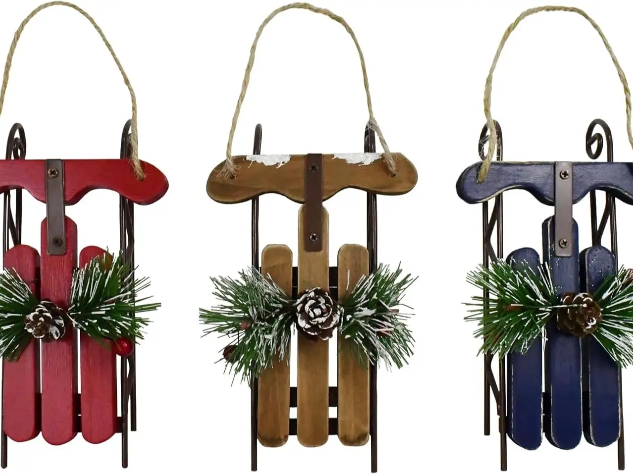 Wood Sleigh Decor Rustic Christmas Hanging Ornament, Decorative Sled Hanging Christmas Sled Decoration with Metal Base Wall Art Decor Sled Xmas Hanging Decoration Holiday Decor