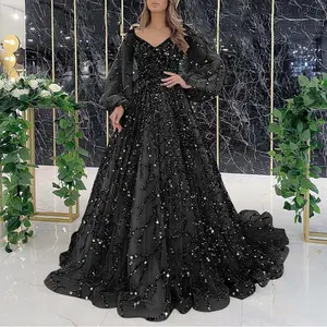 Elegant Long Dresses Women's Fashion Bead Back Zipper Chest Cushion Long Sleeve Evening Dress For Masquerade Party Robe Femme