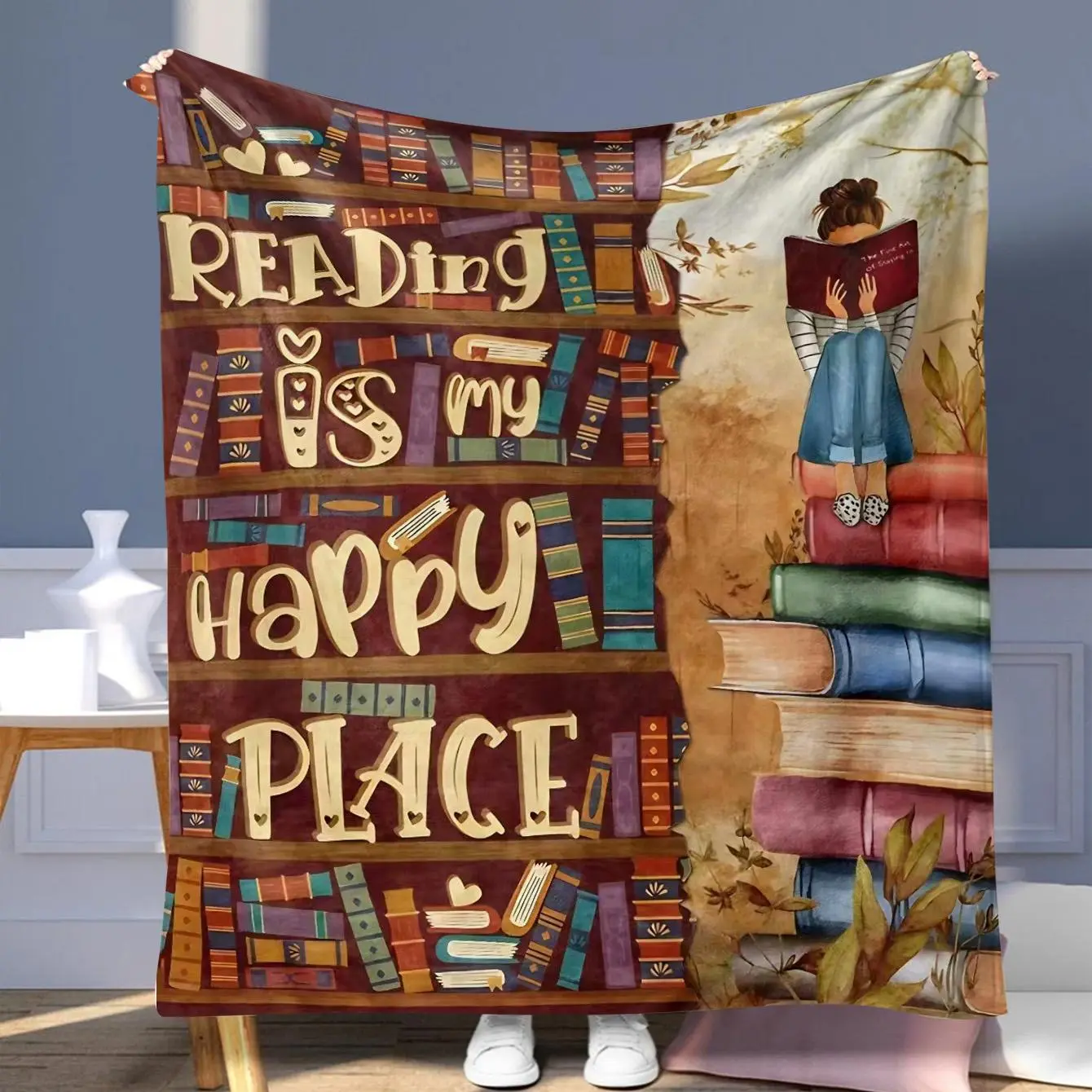 Reading Is My Happy Place Book Pattern Blanket Vintage Colorful Soft Warm Nap Throw Blanket for Bedroom Home Office Travel Dormitory Camping Slogan Print Blanket