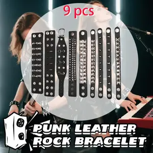 Set of 9 Spiked Studded Black PU Leather Bracelets- Punk Style Metal Wristbands for Men Women, Adjustable Snap Buttons, Durable & Stylish for Casual Attire, Halloween Accessory