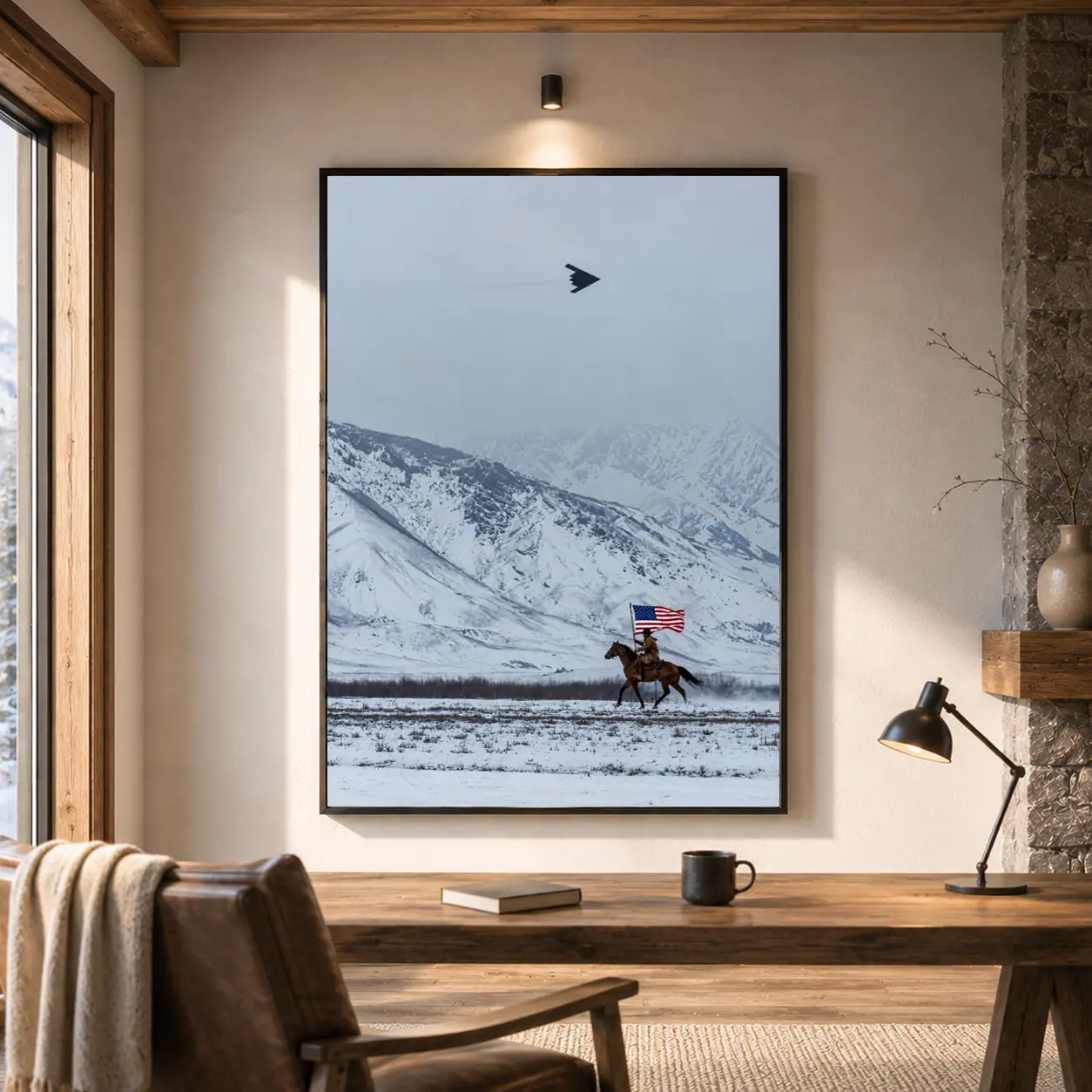 Cowboy on Horseback & B-2 Spirit Bomber Satin Print Poster, American Western Mountain Landscape Wall Art, Rustic Room Decoration, Home Decor Set, Ideal Gift for Home Supplies Enthusiasts