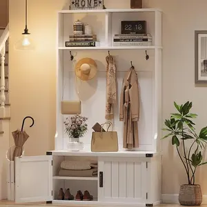 Hall Tree with Shoe Storage Bench, 4-in-1 Entryway Bench with Coat Rack & Adjustable Shlef & 2 Wood Door, Hall Tree with Metal Corner & 5 Tri-Hooks for Entryway,Bedroom, Living Room