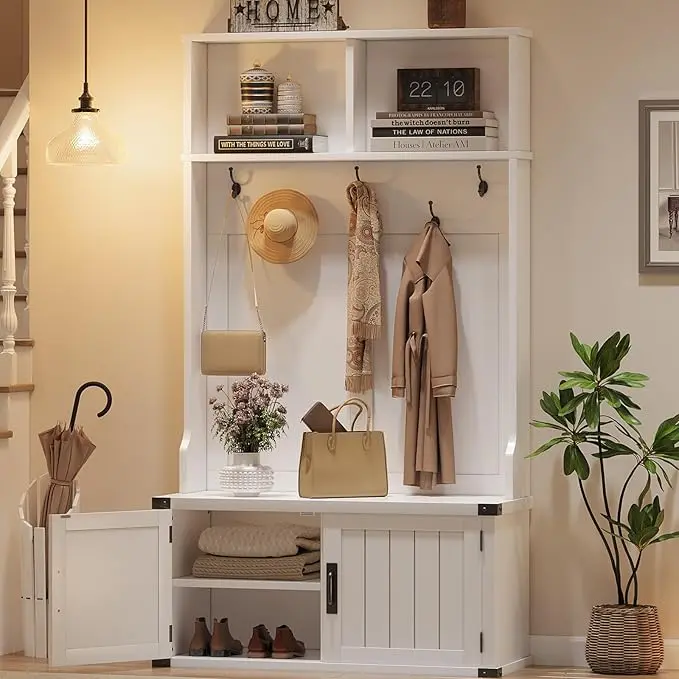 Hall Tree with Shoe Storage Bench, 4-in-1 Entryway Bench with Coat Rack & Adjustable Shlef & 2 Wood Door, Hall Tree with Metal Corner & 5 Tri-Hooks for Entryway,Bedroom, Living Room