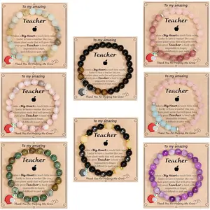 Teacher Appreciation Bracelets 8mm Natural Beads Elastic Cord Alloy Apple Charms Hypoallergenic Adjustable Gift for Women Thank You Gifts for Teacher Beaded Impossible