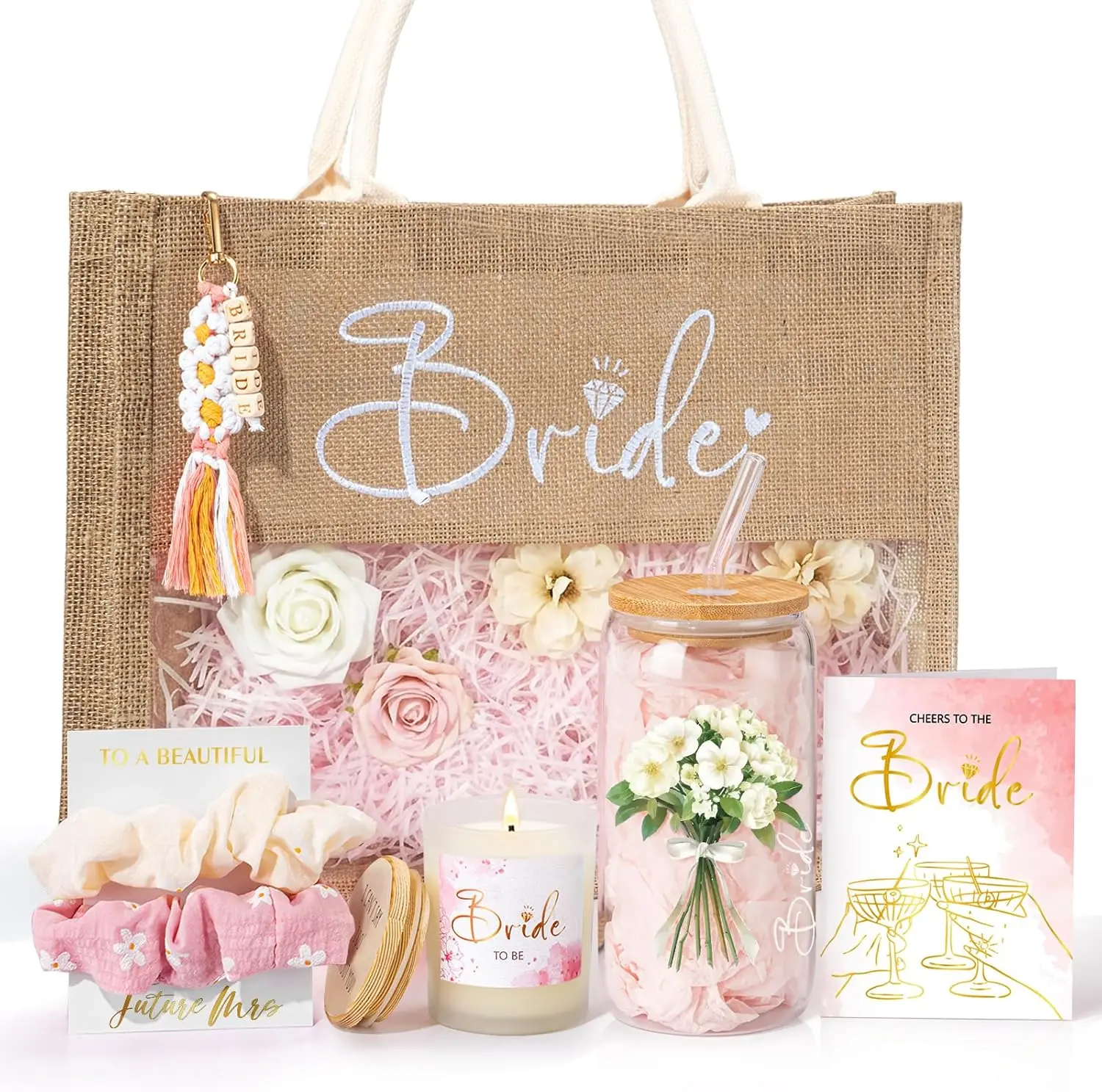 Bridal Shower Gift Box for Bride to Be Bachelorette & Engagement Party Gift Set, Future Mrs Newly Engaged Gift Ideas, Bride Tote Bag & Glass Cup, Wedding Fiance Gift for Women