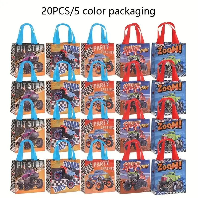 Racing Theme Gift Bags, Goodie Bags, 10pcs/20pcs Cartoon Car Print Non-Woven Fabric, Lightweight, Foldable & Reusable, Perfect for Parties & Birthdays, Party Supplies, Party Favors