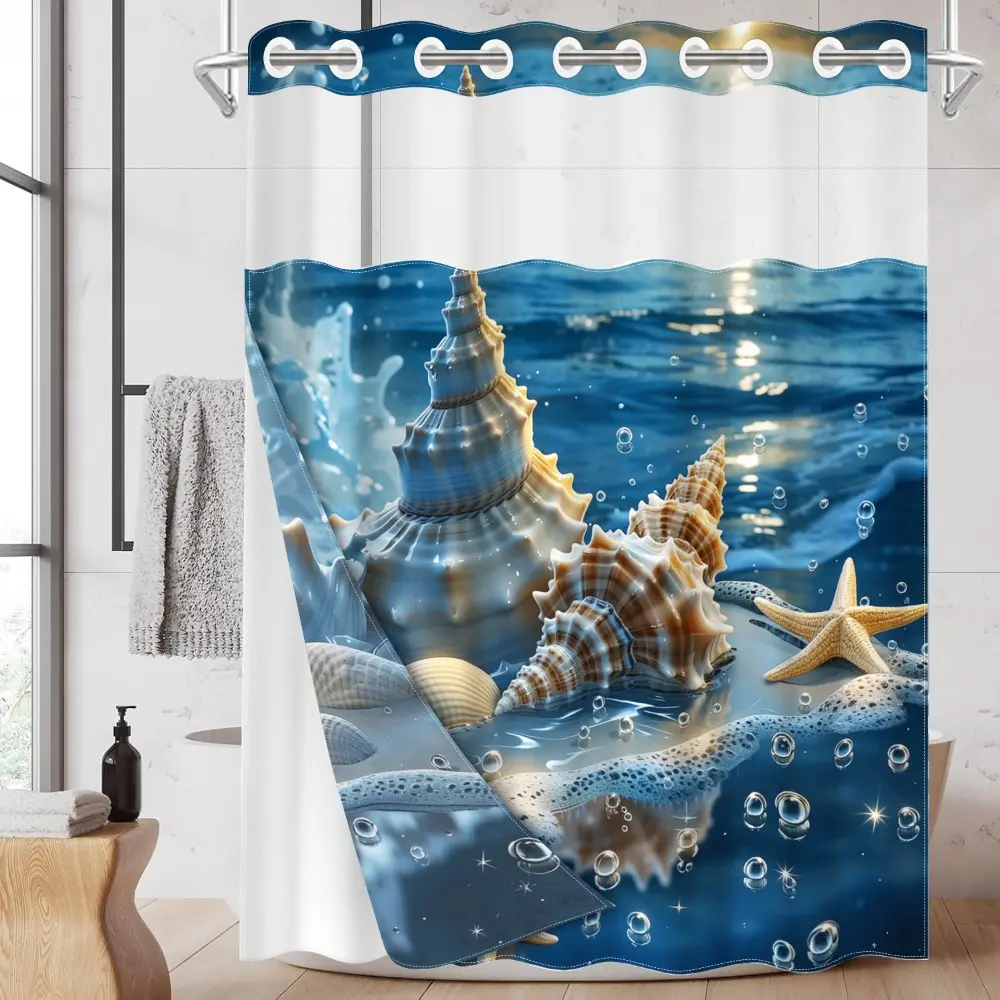 1PC/4PCS 2D Flat Printing Blue and White Ocean with Shells and Starfish Patterned Printed Shower Curtain, home restroom bathroom decor, shower curtain set with 12 hooks, non-slip bathroom rug, U-shaped toilet seat cover, toilet seat mat, Home Goods