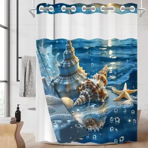 1PC/4PCS 2D Flat Printing Blue and White Ocean with Shells and Starfish Patterned shower curtain, home bathroom decor, shower curtain set with 12 hooks, non-slip bathroom rug, U-shaped toilet seat cover, toilet seat mat.