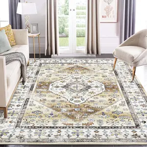 【GARVEE】Area Rug 8x10 Rugs for Living Room Machine Washable Rug Non Slip Soft Rugs for Bedroom Oriental Distressed Print Rug Vintage Rug Low Pile Throw Rugs for Dining Room Nursery Office Dorm Yellow