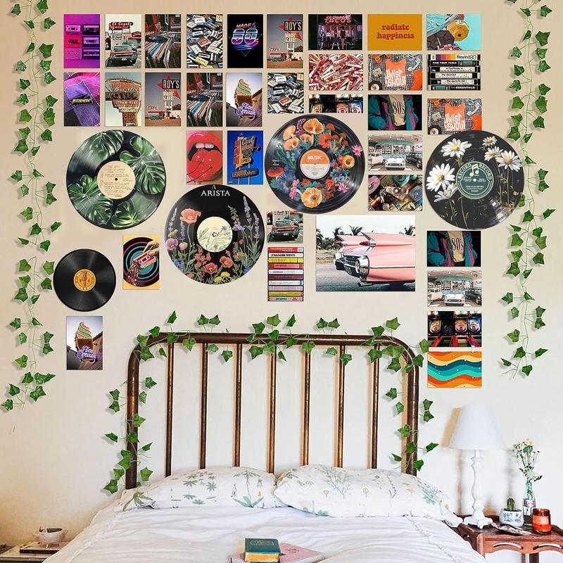 K Studio Hippie Style Decor, Room Aesthetic Poster Set, Plant Wall Art, Record Decoration, 4 Pieces 30cm X 30cm, Home Decor, Wooden Wall Art