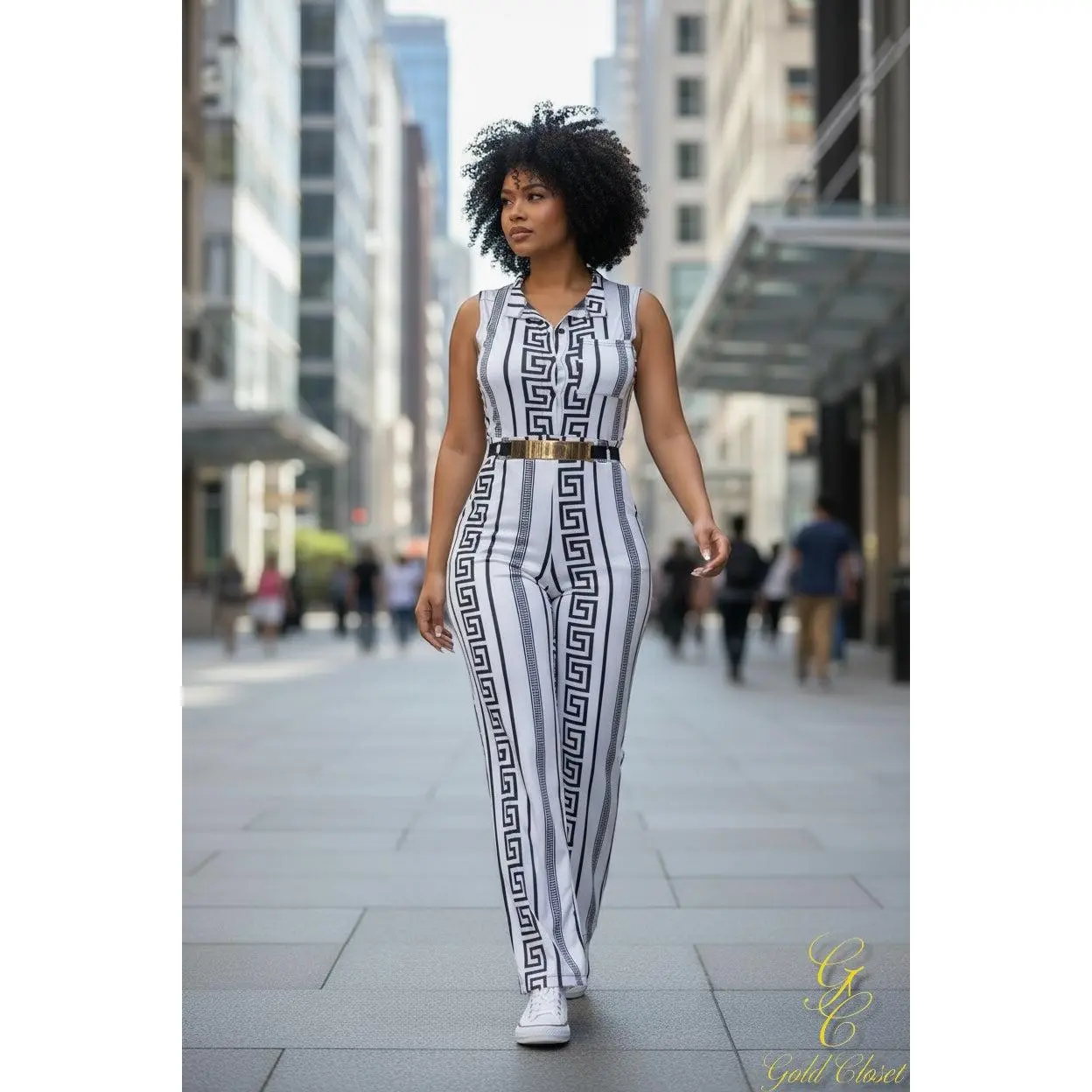 Women's Collared Belted Overalls, Vertically Printed Pattern Sleeveless Jumpsuit, Belt