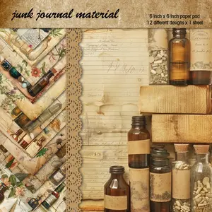 Vintage Apothecary Background Paper Set, 12 Sheets 6x6 Inches, Retro Herbal Pattern Cards, Single-Sided Decorative Craft Paper