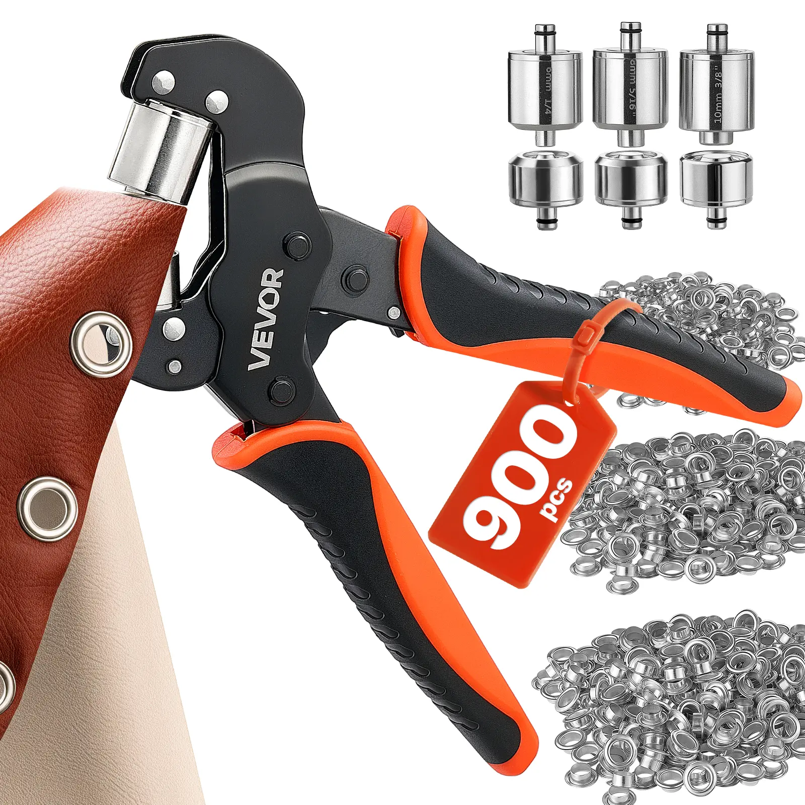 VEVOR Grommet Tool Kit 1/4" 5/16" 3/8" 900 PCS Grommets Eyelet Tool Kit, with Eyelets and Washers, Manual Grommet Press Pliers, Hole Punch Tools, Blocks, for Leather, Tarps, Shoes, Crafts, Fabric