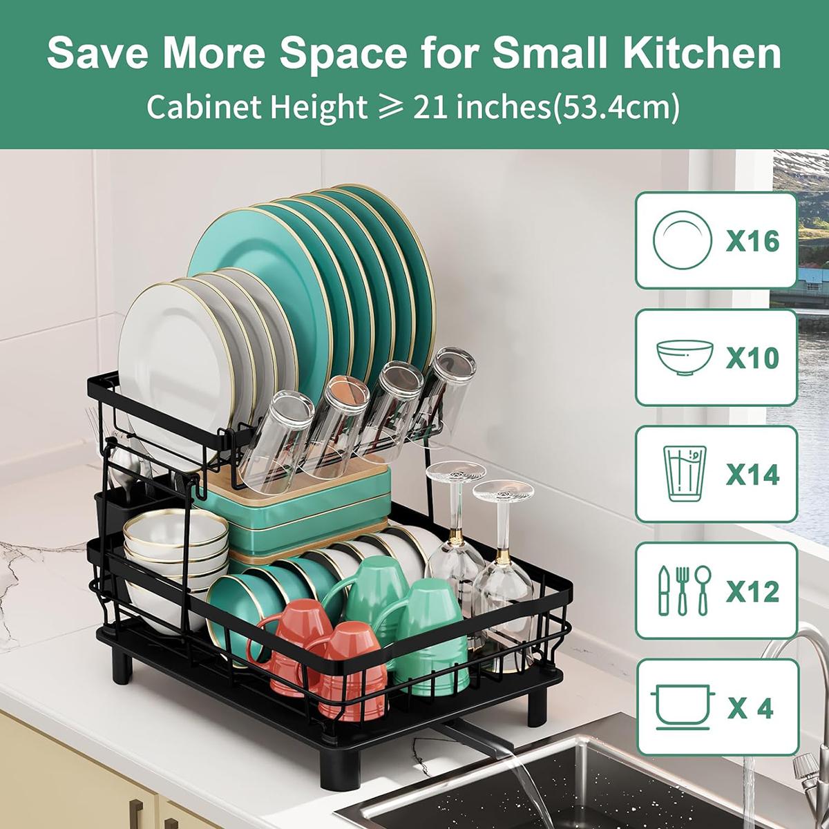 2 Tier Dish Drying Rack with Drainboard Adjustable Spout Utensil Holder and Knife Slots,Space-saving,Suitable for kitchen countertops,Keeps countertops clean and tidy,Easy to install,Beautifully crafted,Rotatable drainage system,Disassembleable