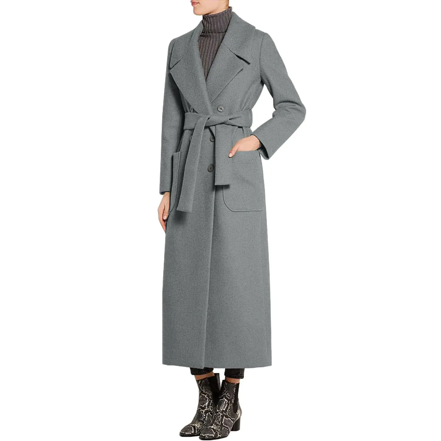 CHARTOU Women's Solid Soft Comfortable Fitted Elegant Lapel Collar Double-Breasted Placket Long Wool Wrap Pea Coat Outerwear, Ankle-Length Wool Blend Coat with Adjustable Belt, Full Sleeves, Pockets