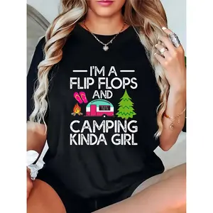 Women's "I'm a Flip Flops & Camping Kinda Girl" T-Shirt, Cute Campfire Camper Pine Tree Graphic Tee, Casual Outdoor Camping Top for Girls & Camping Enthusiasts 100% Cotton T-shirt