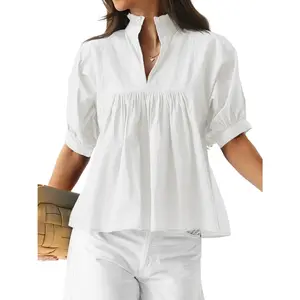 Womens Puff Sleeve V Neck Blouse Babydoll Peplum Tops Dressy Casual Pleated Loose Fit Shirts