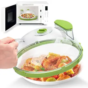 Upgraded  Microwave Splatter Cover with Dual Water Steamer 10 Inch Clear Vented Food Safe Heat Resistant BPA Free Polycarbonate Easy Clean Space Saving Design