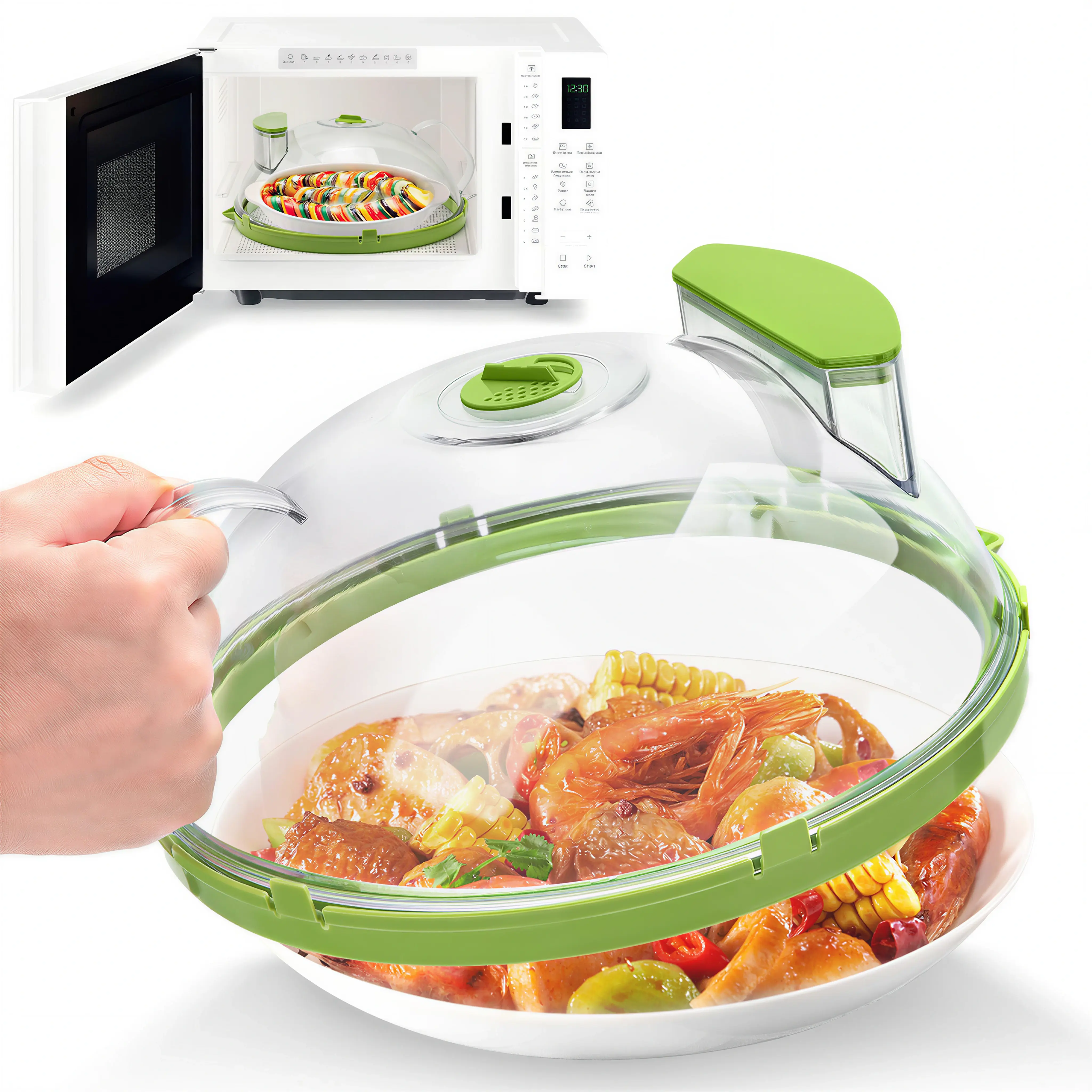 Upgraded  Microwave Splatter Cover with Dual Water Steamer 10 Inch Clear Vented Food Safe Heat Resistant BPA Free Polycarbonate Easy Clean Space Saving Design