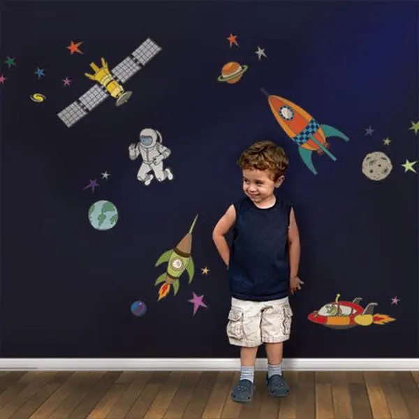Decorative Space Theme Peel-and-Stick Wall Stickers - Vinyl Stars & Rocket Designs, Removable Adhesive Film Wall Stickers & Murals, Kids’ Room Home Decor Learning Tool