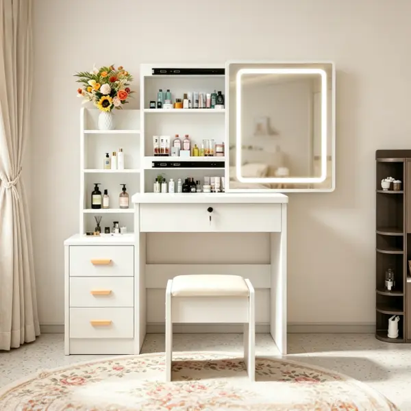 Stylish White Makeup Vanity Set with LED-Lit Mirror, Storage Bedroom Makeup Table, Cushioned Stool - LED Lighting for Natural Light Look, Ideal for Teens Home Dressing Rooms/Bedrooms, Aids Vanity Organization
