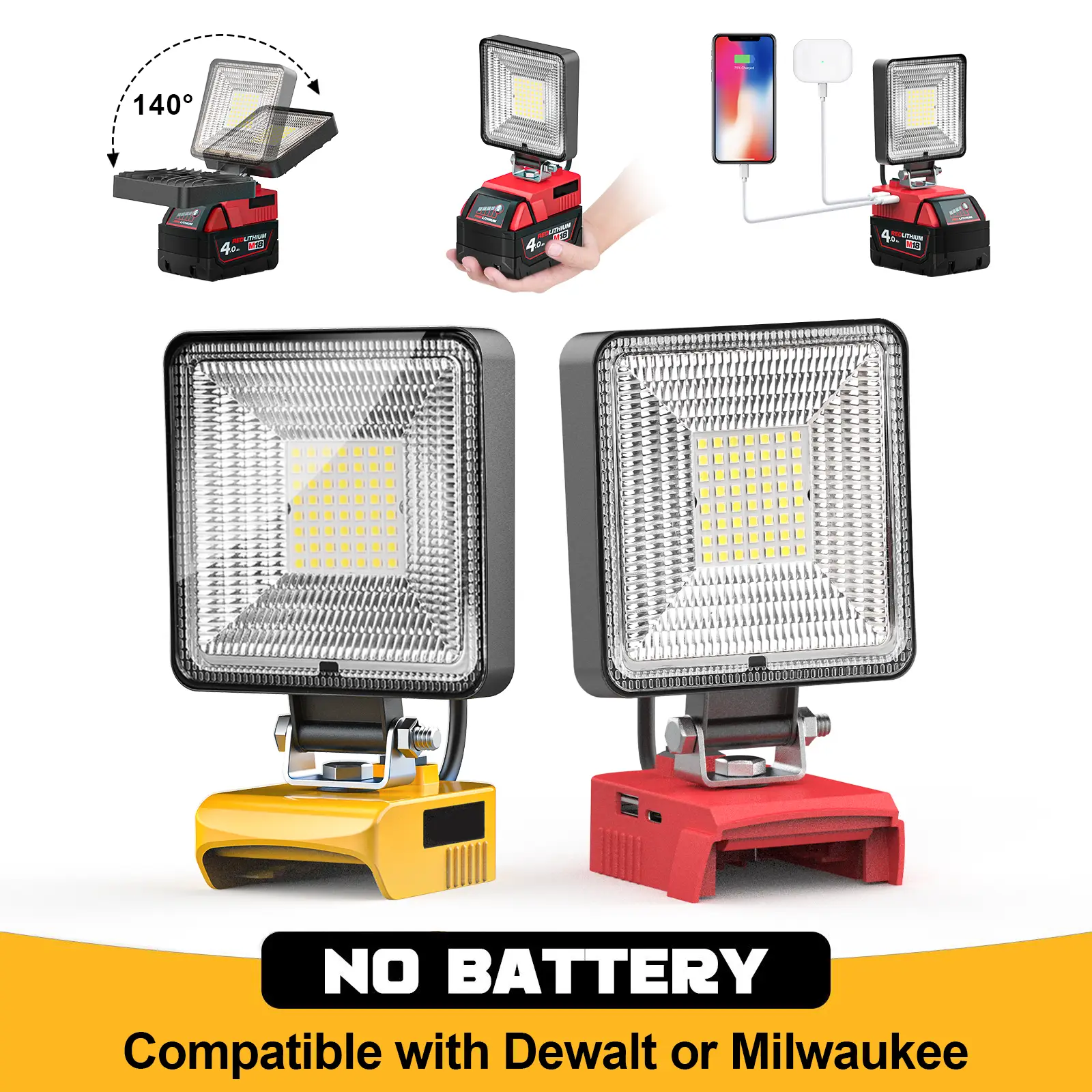4 Color Modes LED Work Light for Milwaukee & Dewalt Battery, Battery Not Included, 60W 6000LM Jobsite & Camping & Worksite Floor Light Flashlight Ligh