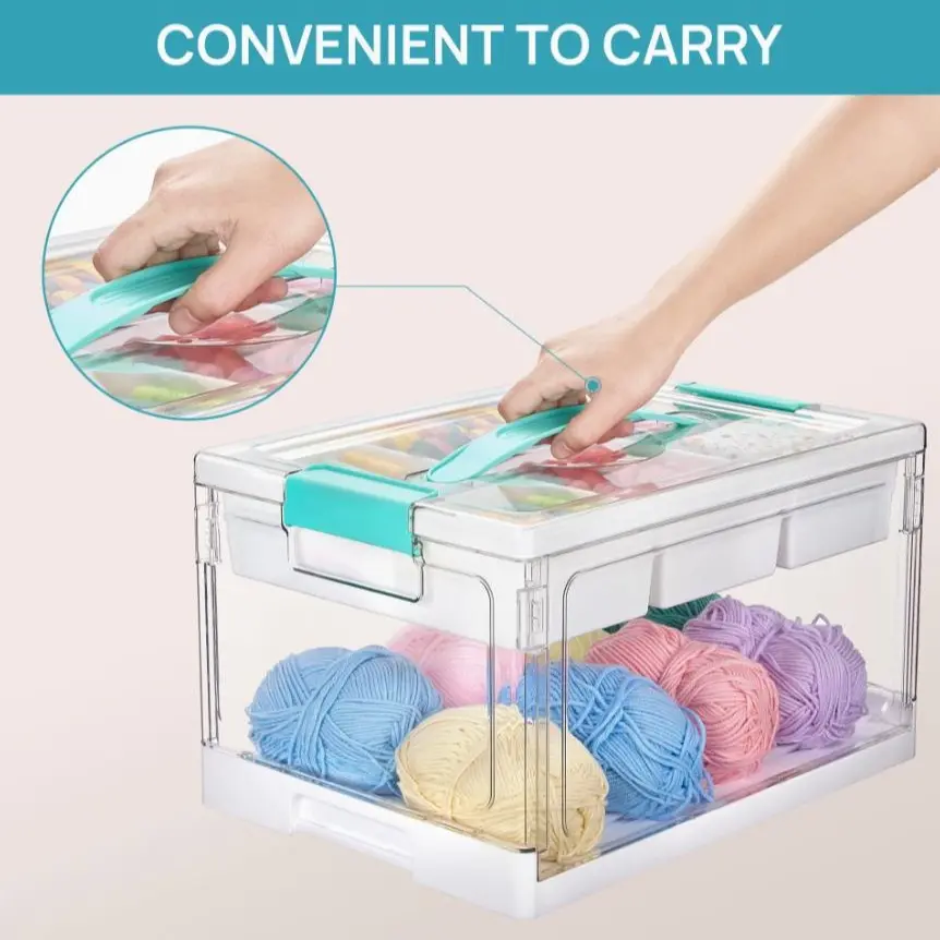 24QT Foldable Clear Craft Storage Bin with Removable Divided Tray, Dustproof Stackable Art Supply Organizer Box with Handle, Large Capacity Plastic Storage Container for Kids Toys, Coloring Books, Playdough, Yarn, Medicine & Sewing Supplies