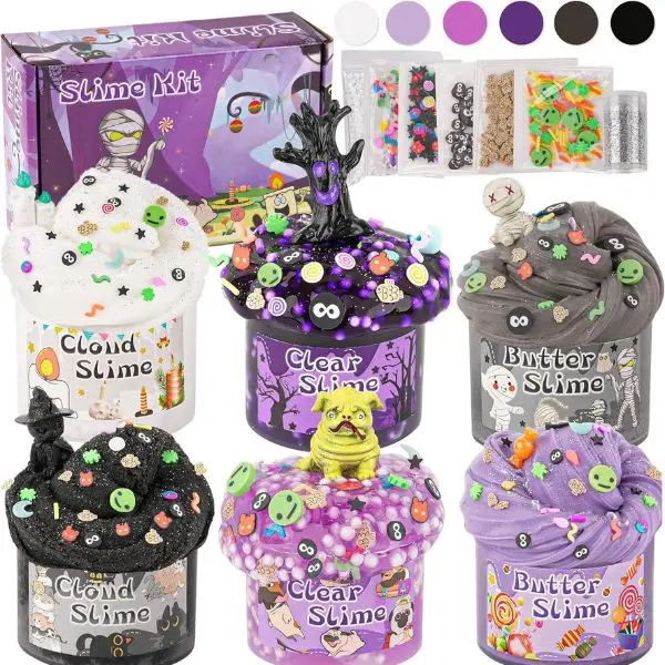 6 Pack Halloween Slime Kit, Cloud Butter Slime for Kids Ages 4-12 | Purple Black Slimes, Goodie Bag Stuffers, Party Favors, Birthday Gift Set, Sensory Toys for Kids