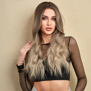 INSTYLE 26 Inch  Long Ombre Blonde Wavy Wig for Women Middle Part Curly Wavy Wig Natural Looking Synthetic Heat Resistant Fiber Wig for Daily Party Use