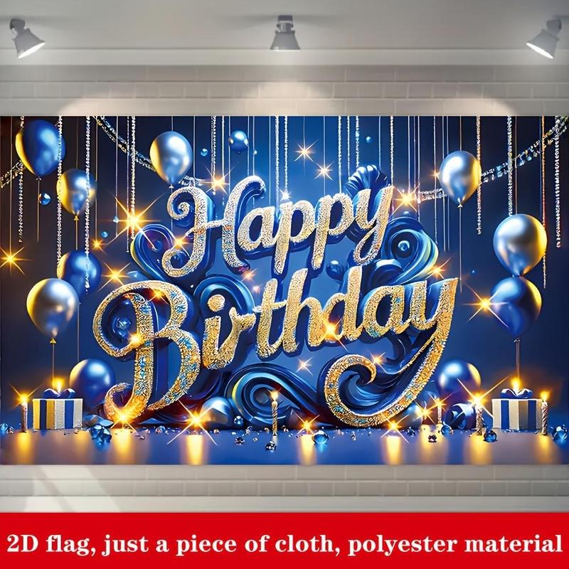Blue 1pc Birthday Banner - 2D Polyester Party Decoration with "Happy Birthday" Text, Balloons, Gift Boxes & Sparkling Stars for Family Celebrations, 70.8in x 43.3in, Golden, Birthday Party Decorations Ornaments