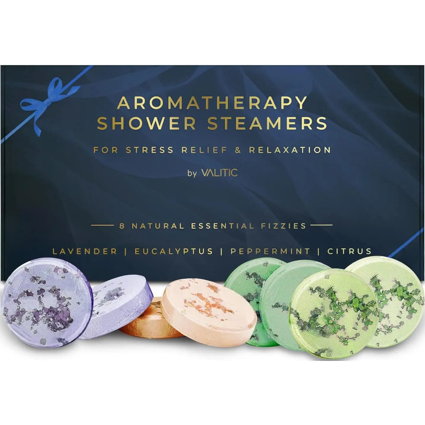 Valitic Aromatherapy Shower Steamers - Body Care Scented Soothing Fizzies with Eucalyptus Oil & Multiple Scents, 8 Natural Essential Shower Bombs for Stress Relief, Gifts for Women Mom Birthday (4 Scents: Lavender, Citrus, Peppermint)