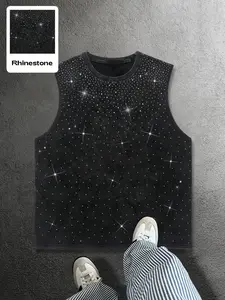 Men's Regular Fit Rhinestone Knit Vest, Comfortable Casual Wear, Fashion Design, Perfect for Sports & Leisure Activities