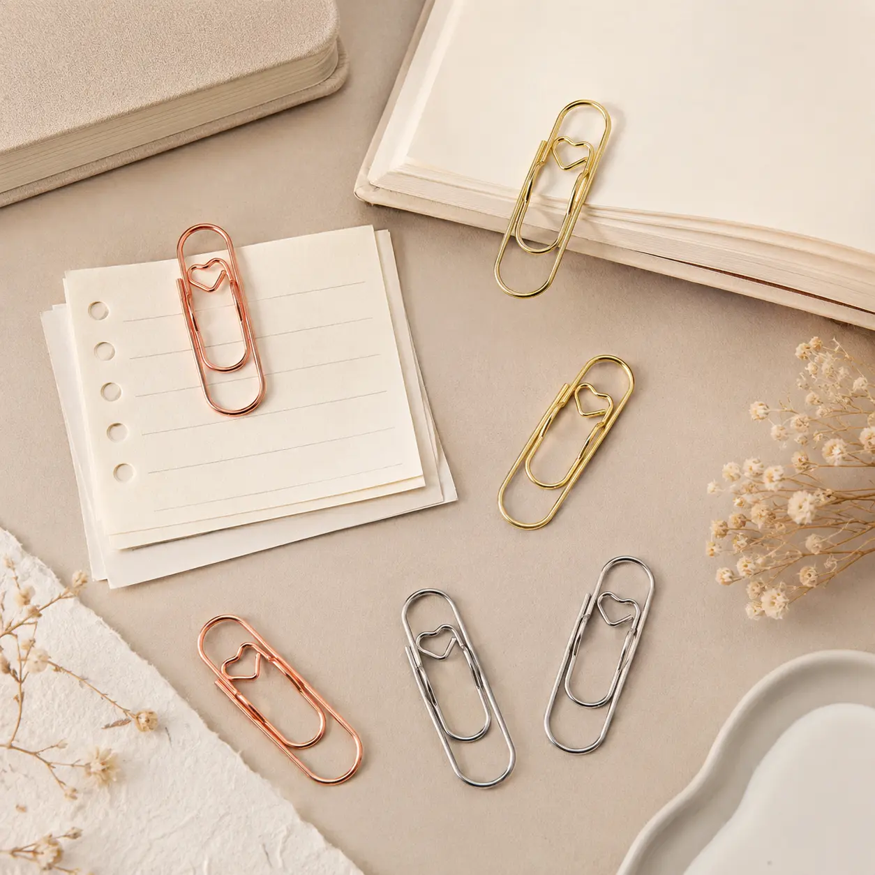 Heart Pen Clip 6Pcs Metal Pencil Clips Multifunctional Rose Gold Silver Carbon Steel Paperclip Portable Large Size Holder for Notebook Book Journal Office School Accessories
