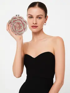 Women Floral Rhinestone Clutch Bag Sparkling Crystal Formal Evening Purse Flower Shape Handbag for Wedding Prom