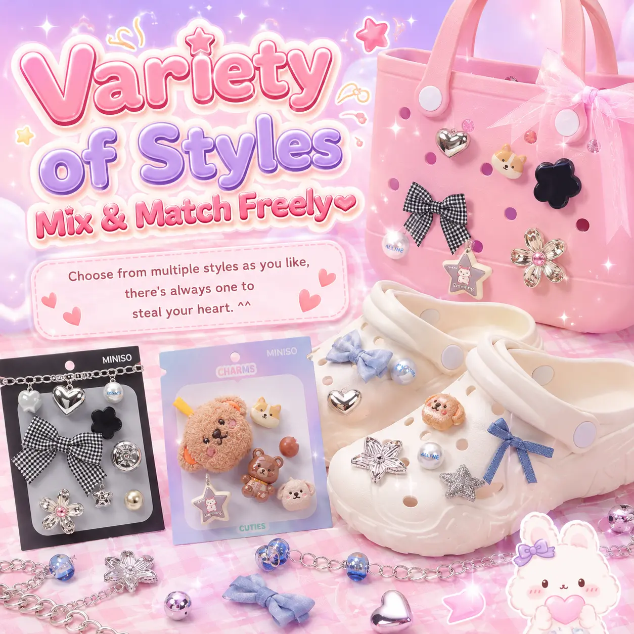 MINISO Cute DIY Hole Shoes & Bag Accessory Set | Lunch Bag Decoration Charm | Fashion Accessories for Outings | Birthday Gift for Girls, Mother’s Day Gift #SummerVibes, Back To School