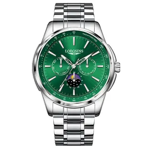 LOEGSINS Men’s Business Watch, Round Dial, Luminous, Waterproof, Multifunction, Triple Subdial, Six-Hand, Green “Water Ghost” Style, Stainless Steel Bracelet with Butterfly Clasp, 2-Year Warranty