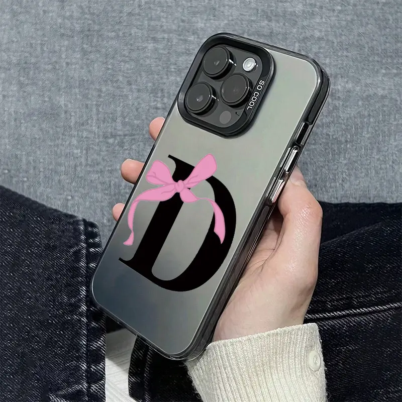 Customized 1.2mm Shockproof Silicone-PC Back Cellphone Case with Butterfly Ribbon, Lucky Letter D Pattern, Anti-Slip Surface & Durable Protection - Accessory for iPhone 16 Pro Max,15 Plus,14,13,12,11,XS,XR