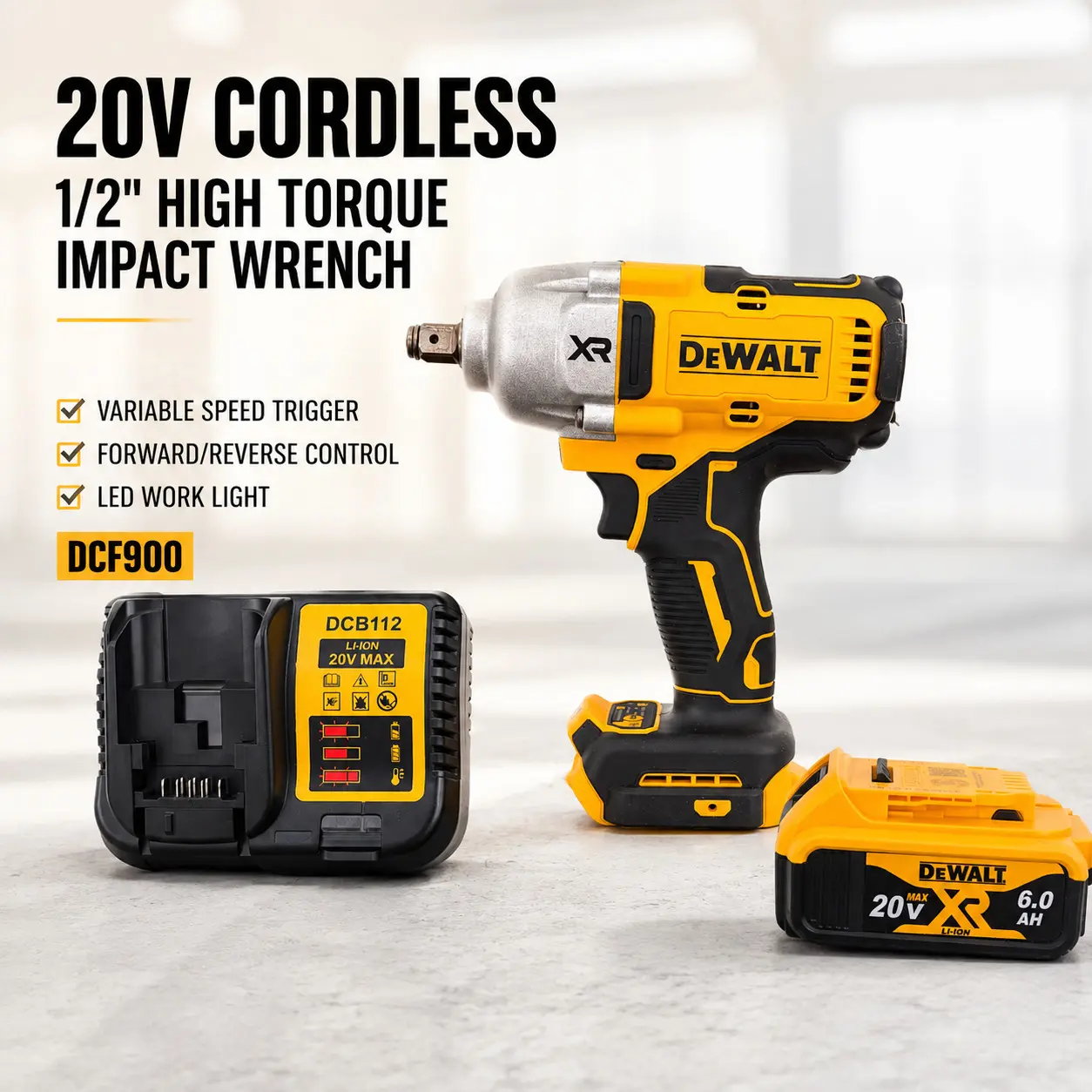 DEWALT DCF900 20V Brushless Power 1/2" Impact Wrench, 850Nm Torque High Torque Tool, 6.0Ah Li-ion Battery Pack, Multi-Speed for Auto Repair Tools, Industrial Maintenance Pros