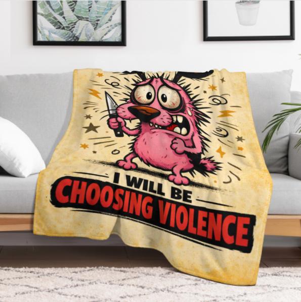 Anxious Pink Dog “Choosing Violence” Meme Blanket – Funny Sleep-Deprived Cartoon Dog with Knife Quote Design, Perfect Novelty Gift for Friends and Dark Humor Enthusiasts