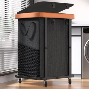 150L (40 Gal) Large Fashion Laundry Basket with Wheels, Leather Patchwork Rolling Hamper Carts, Sturdy Metal Frame, Removable Washable Bag, Tall Clothes Sorter for B