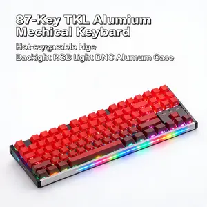 Full CNC Aluminum 87-Key Mechanical Keyboard, Hot-Swappable TKL Wired Gaming Keyboard with Side-Printed PBT Keycaps & Dynamic Side RGB Light Strips, Lucky Red