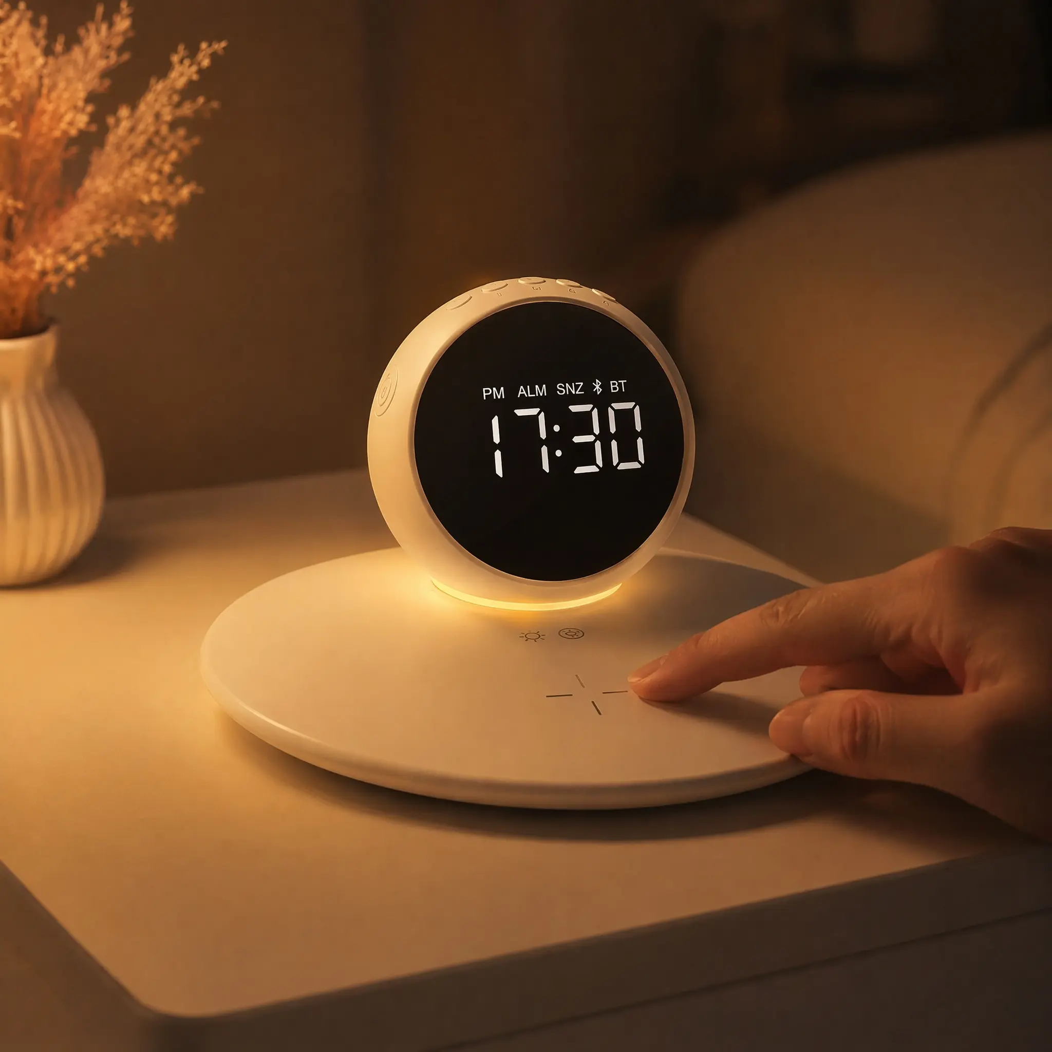 Compact 15W Fast Charging Premium Bedside Digital Clock with 3-Way Smart Wireless Charger, Digital Display, 3-Level Dimmable Light, Adjustable Night Light - Iphone/Android Mobile Phone Accessory for Bedroom