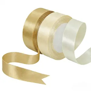 2 Rolls 41.4 Meters 25mm Wide Satin Ribbon, Beige and Gold Metallic Fabric Ribbon for Ramadan Gift Presentation, Iftar Celebration Decor, Wedding Invitation Ties, Bouquet Accents, Gift Wrapping Supplies, DIY Craft Projects