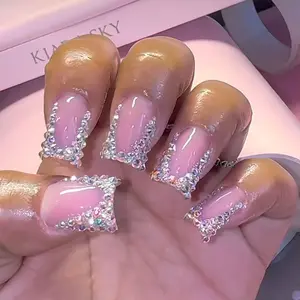 Short Square Rhinestone Nail Tips, 24 Pcs Shiny False Nails Set, Fake Nails Kit, Includes Nail File & Jelly Glue, Easy Press-On Manicure, DIY Beauty Tool