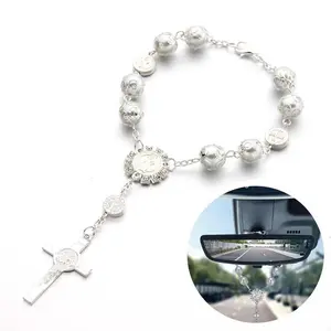 Bead Rearview Mirror Car Charm, Silver Cross Blessing Beads Decor, Lucky Ornament, Interior Men Women Car Accessories