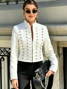 Double Breasted Button Women's Denim Jacket Fitted Long Sleeve Tops Cropped Jeans Jacket Woman Streetwear Blue White Military Jacket Outerwear European Style Cowboy Jacket