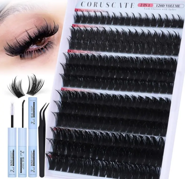 CORUSCATE Spiky Lash Clusters Kit 120D Volume Cluster Eyelash Extensions Mink Strip Lashes Spikes Mega Style Lash Extension Kit 14-22mm Eyelash Clusters Long Individual Lashes with Lash Cluster Glue